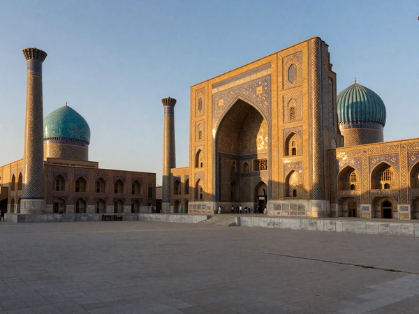 Historic Registan Square in Samarkand, showcasing the stunning Islamic architecture and turquoise tile work that represents Uzbekistan's rich Silk Road heritage