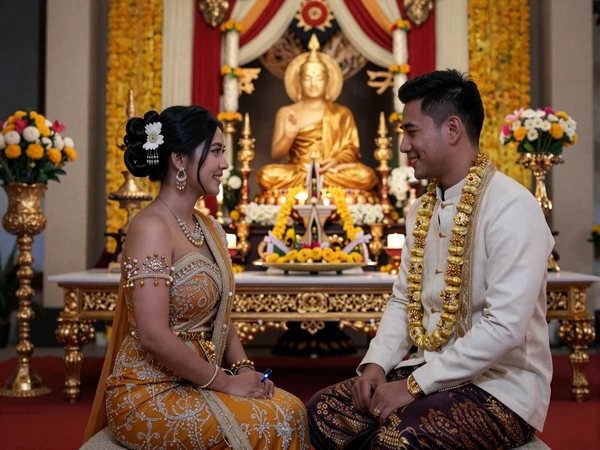 Traditional Burmese wedding ceremony with couple in elegant traditional attire surrounded by golden decorations and Buddhist elements