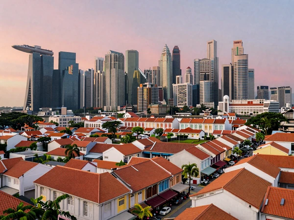Stunning Singapore cityscape showing Marina Bay Sands alongside traditional shophouses, representing Singapore's unique blend of modernity and heritage