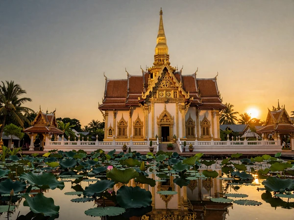Beautiful golden Thai Buddhist temple with ornate architecture surrounded by tropical gardens and lotus pond at sunset, representing the spiritual culture of Thailand