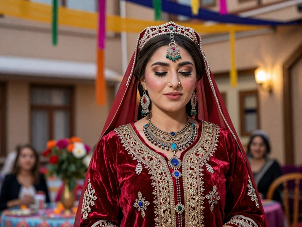 Traditional Turkmen wedding celebration featuring a bride in elegant red silk dress with ornate silver jewelry