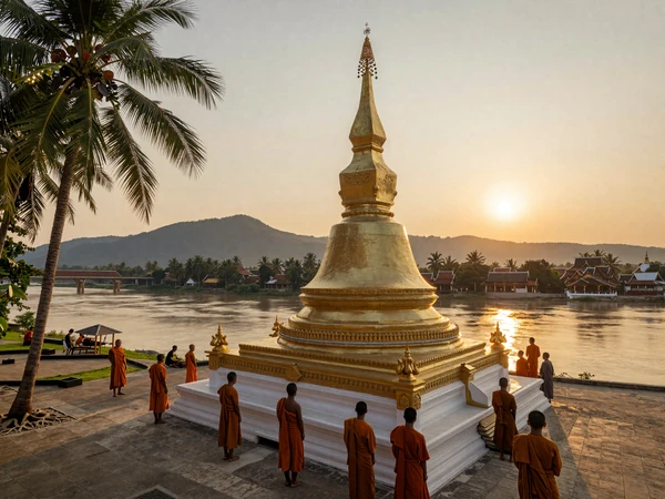 Serene Laotian Buddhist temple with golden stupa overlooking the Mekong River at sunset in Luang Prabang, representing the spiritual heritage of Laos