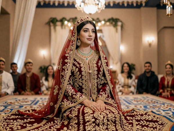 Traditional Tajik wedding celebration with bride in elegant embroidered dress surrounded by festive decorations and cultural celebration