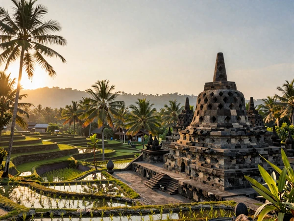 Beautiful Indonesian landscape featuring the ancient Borobudur temple with terraced rice paddies and palm trees at golden sunset, representing Indonesia's rich cultural heritage