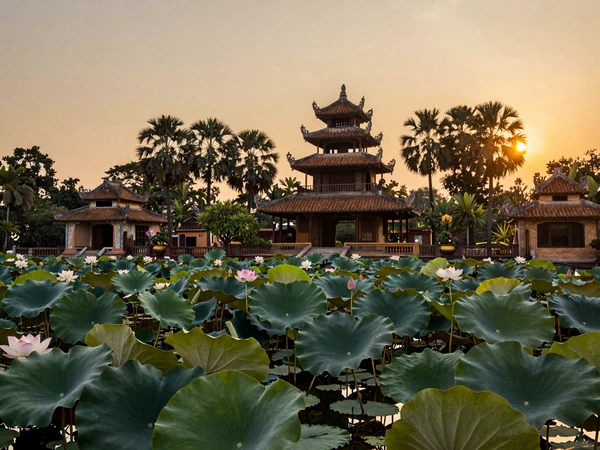 Beautiful Vietnamese landscape featuring a serene lotus pond with traditional pagoda temple surrounded by lush greenery at golden sunset