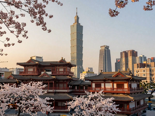 Modern Taipei cityscape blending traditional temples with contemporary architecture, representing Taiwan's unique cultural harmony