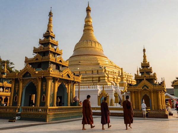 The magnificent golden Shwedagon Pagoda in Myanmar at sunset with Buddhist monks, representing the spiritual culture and heritage of Burma
