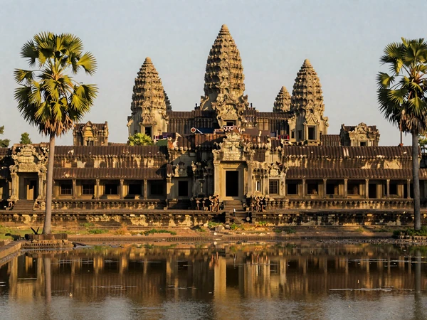 The magnificent Angkor Wat temple in Cambodia at sunrise with reflecting pools, representing the glorious heritage of the Khmer Empire