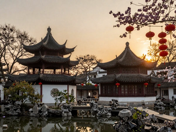 Traditional Chinese garden with pagoda and cherry blossoms representing the rich cultural heritage of China