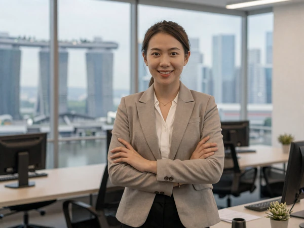 Successful Singaporean professional woman in modern office with Singapore skyline view, representing the accomplished career women of Singapore